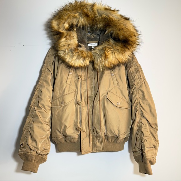 MOUSSY Faux Fur Hooded Bomber Jacket in Tan Size 1 Small Streetwear Warm Outdoor - Picture 10 of 16